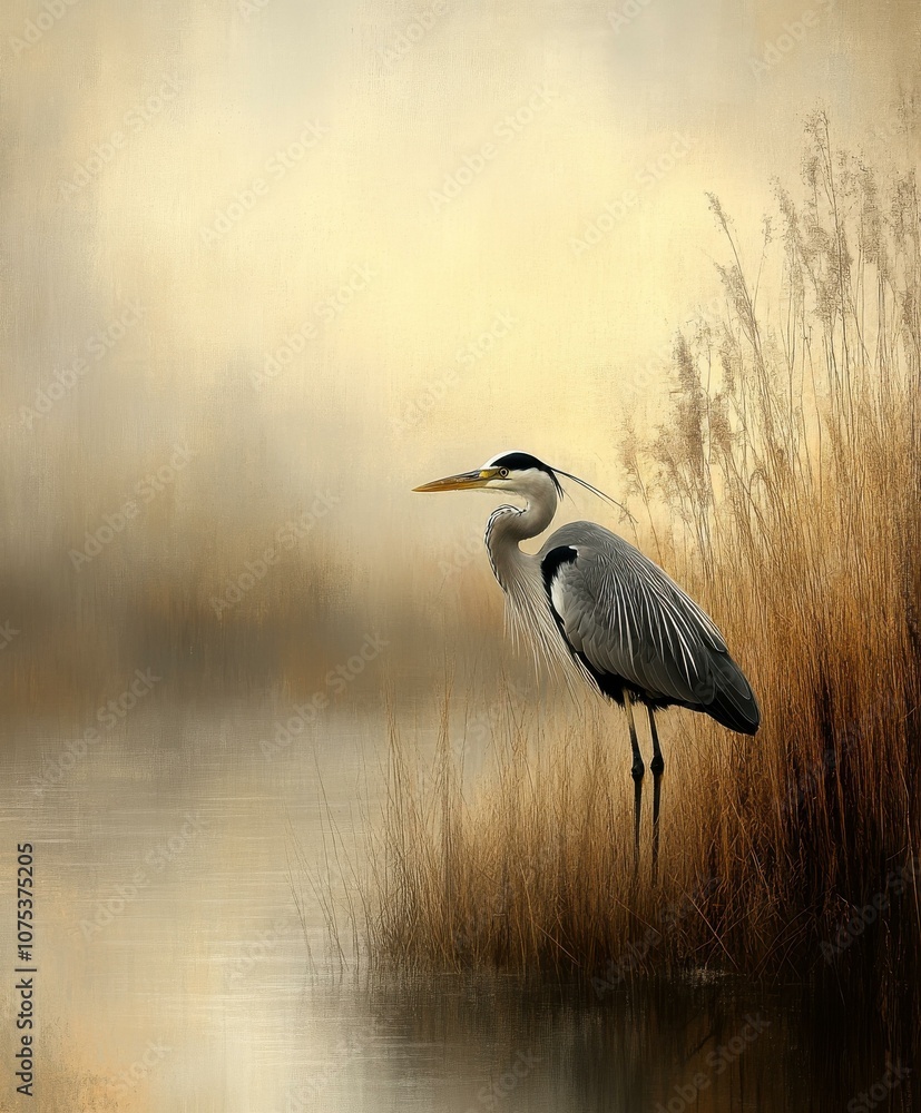 Naklejka premium Serene Great Blue Heron by Tranquil Waters Amidst Golden Grasses