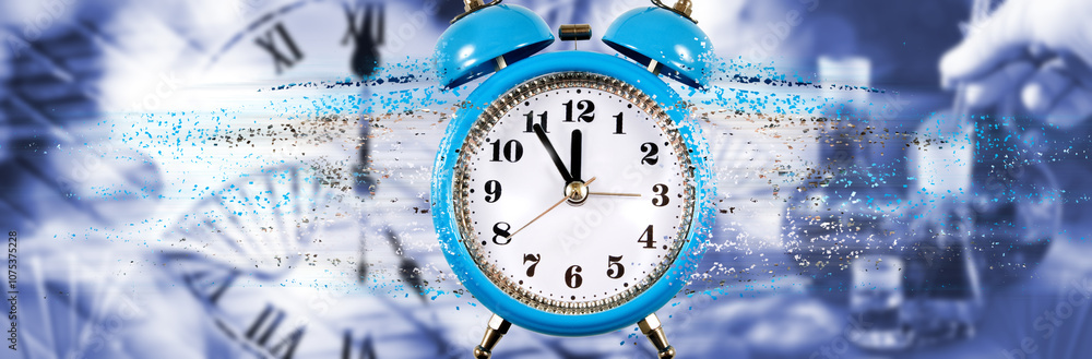 A whimsical blue alarm clock suspended in vibrant motion, symbolizing the fleeting nature of time in a creative and surreal setting A whimsical blue alarm clock suspended in vibrant motion, symbolizing the fleeting nature of time in a creative and surreal setting