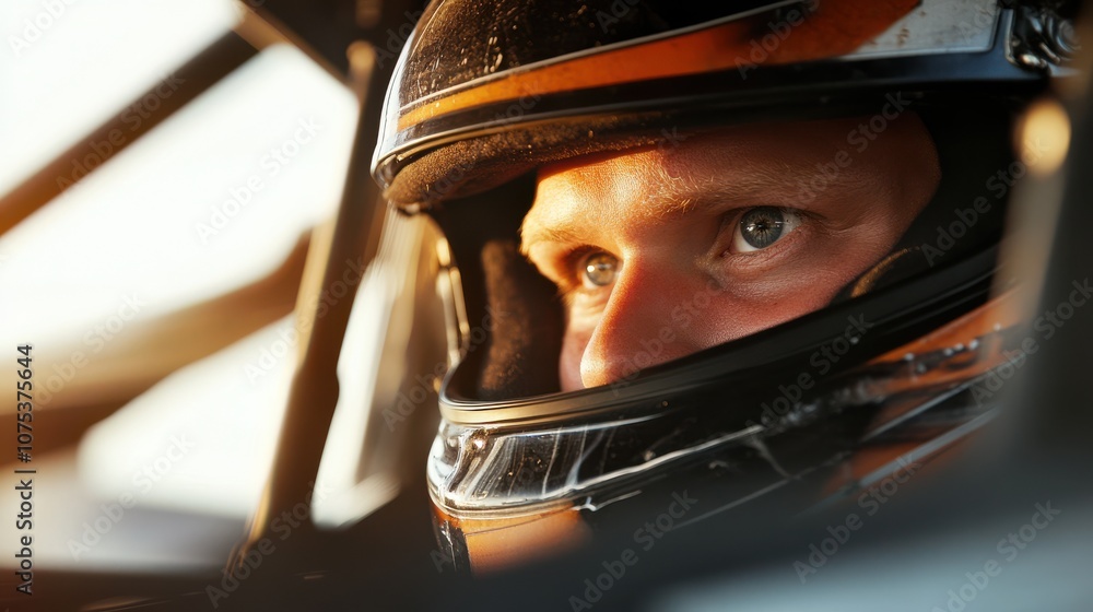 The intense focus of a race car driver, highlighted by the warm glow of the setting sun. The intense focus of a race car driver, highlighted by the warm glow of the setting sun.