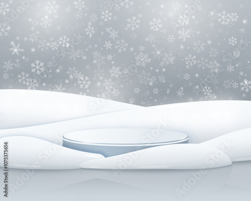 Winter Christmas background with cylindrical podium or pedestal for presentations. Round stage in snow and snowdrifts for promotions. Vector illustration.