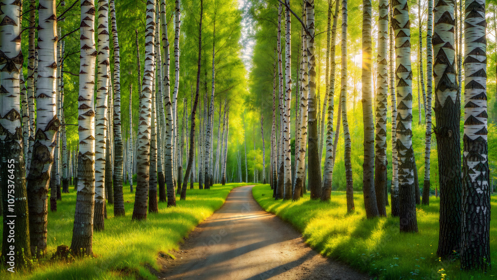 Obraz premium A winding dirt road leading through a spring birch grove in the sunlight.