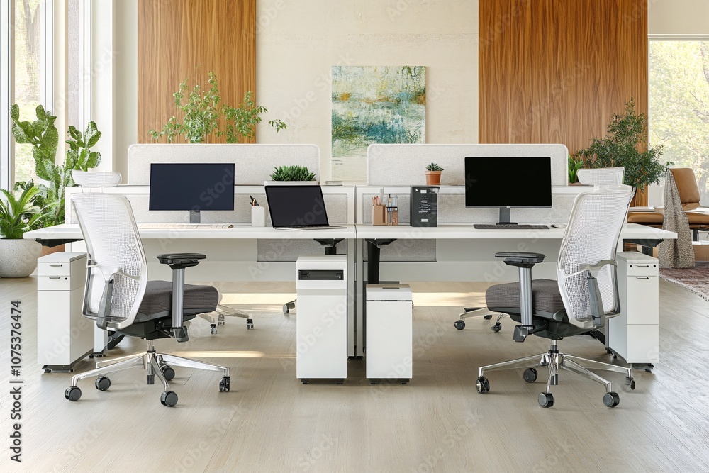 Modern Office Workspace Design: White Desks, Ergonomic Chairs, and Natural Elements Modern Office Workspace Design: White Desks, Ergonomic Chairs, and Natural Elements
