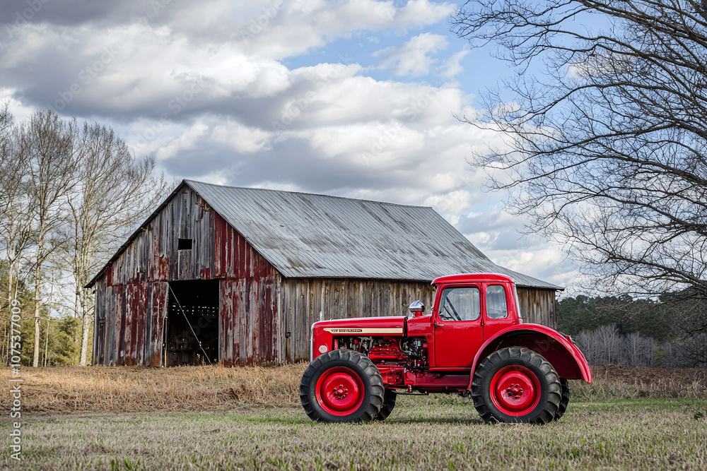 Fototapeta premium a vintage tractor parked beside an old barn, capturing rural charm.