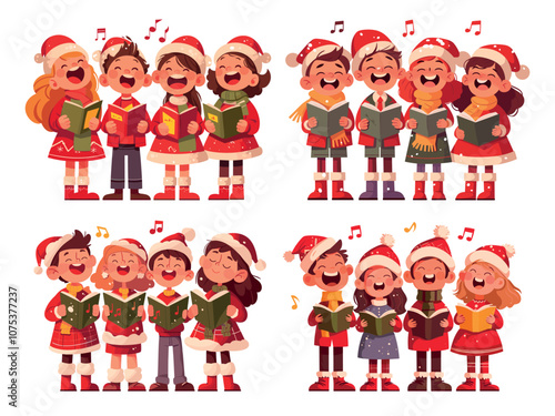 Christmas singing children. Cartoon joy boys and girls caroler choir, winter holiday music performance set vector illustration