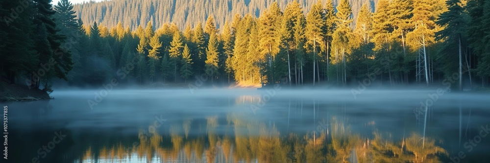 Misty lake surrounded by dense forest with tall trees casting long shadows on the water's surface, nature photography, water reflection Misty lake surrounded by dense forest with tall trees casting long shadows on the water's surface, nature photography, water reflection