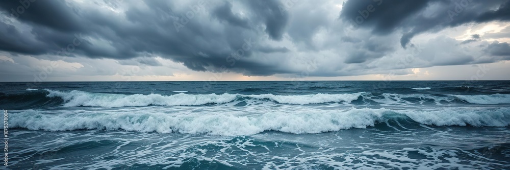 The intense storm rages above the tranquil sea, creating a mesmerizing display of swirling clouds and foamy waves., sea landscape painting, coastal storm surge, turbulent waters The intense storm rages above the tranquil sea, creating a mesmerizing display of swirling clouds and foamy waves., sea landscape painting, coastal storm surge, turbulent waters