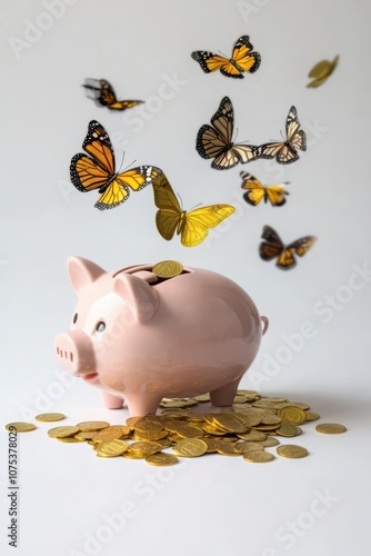 pink piggy bank with butterflies flying around it
