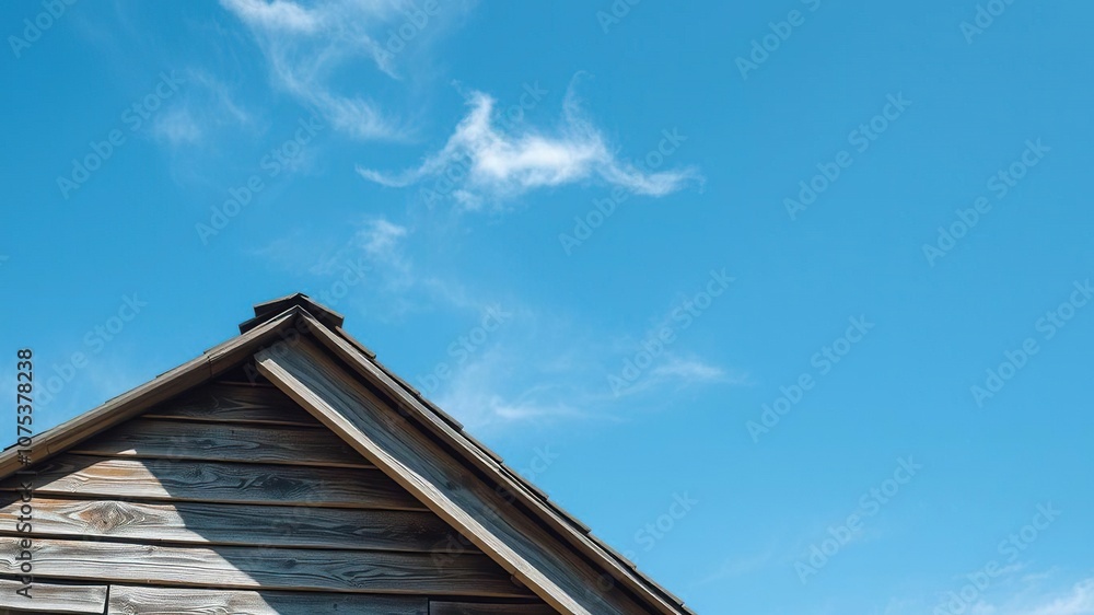 Wooden roof with a rustic texture and weathered appearance, set against a clear blue sky with a few wispy clouds scattered across it, blue sky, country life, weathered wood Wooden roof with a rustic texture and weathered appearance, set against a clear blue sky with a few wispy clouds scattered across it, blue sky, country life, weathered wood