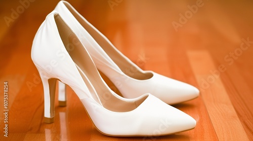 Pair of white satin high-heeled shoes on a wooden floor.