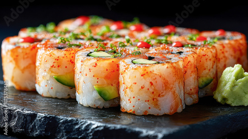 Close-up of fresh sushi rolls with avocado and salmon garnished with roe and herbs photo