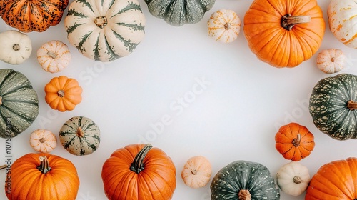 A Beautiful Collection of Pumpkins of Various Sizes Isolated on a White Background Perfect for Autumn and Fall-Themed Projects photo