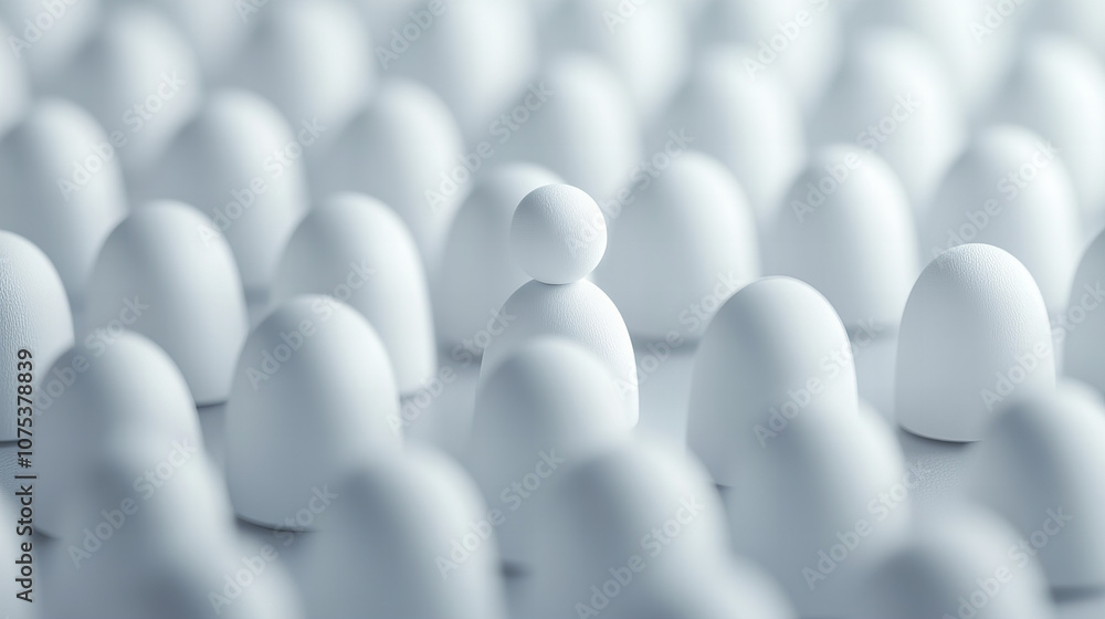 Obraz premium A single figure stands out among numerous white shapes, highlighting individuality in a collective setting