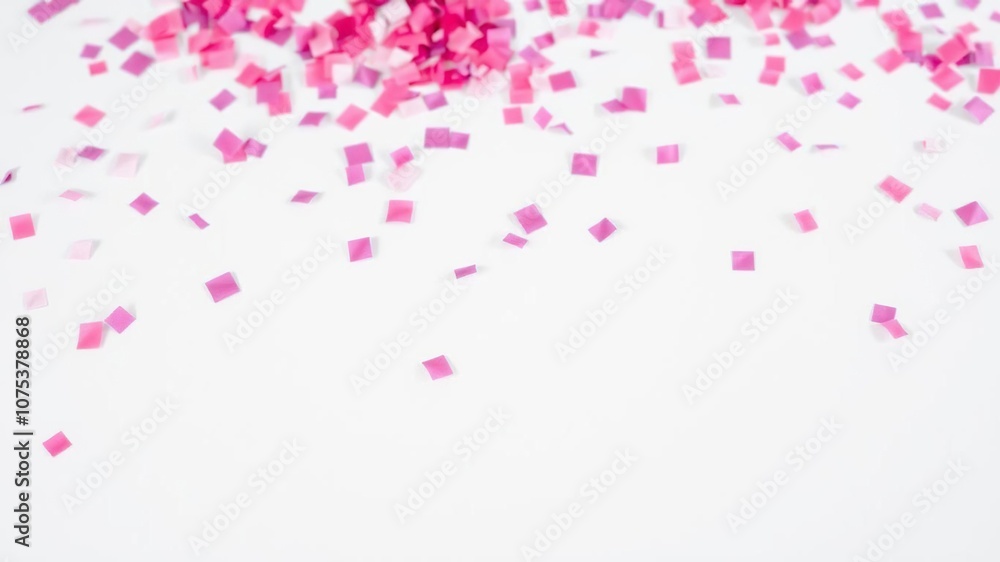 Pink and purple confetti falling gently on a pristine white surface, purple confetti, blurred edges Pink and purple confetti falling gently on a pristine white surface, purple confetti, blurred edges
