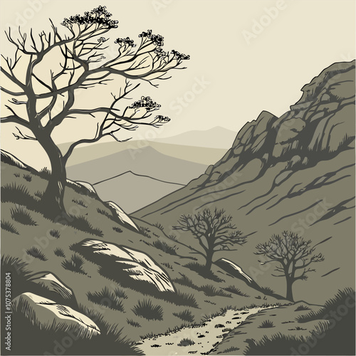 A scenic illustration depicting a winding path through a mountainous landscape, with bare trees and rocky terrain, perfect for evoking a sense of adventure and tranquility.