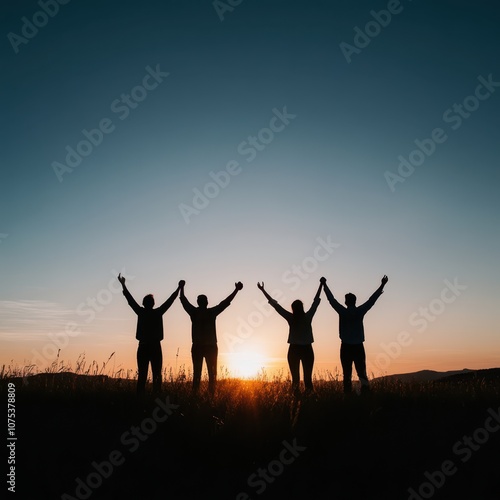 silhouette of people raising their hands in the air at sunset