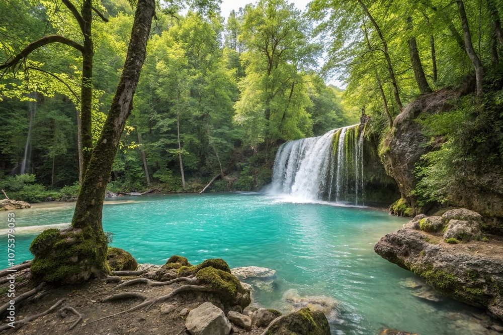 Fototapeta premium waterfall in the forest with clear turquoise water, outdoors, lush greenery, water flow, serene environment, mountainous terrain
