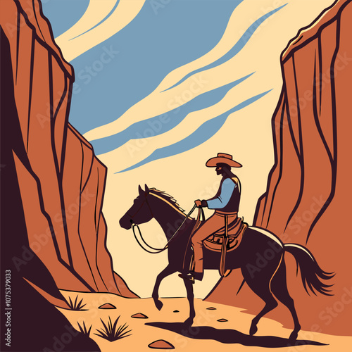 A cowboy rides his horse through a narrow canyon, the sun setting behind the rugged cliffs. This classic western scene evokes images of the wild west and its rugged beauty.
