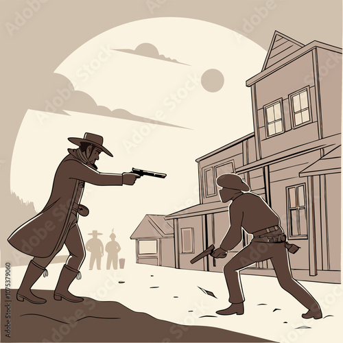 A dramatic showdown in the Wild West, as two cowboys face off in a tense standoff. The illustration captures the excitement and danger of the era, with its classic characters, iconic setting.