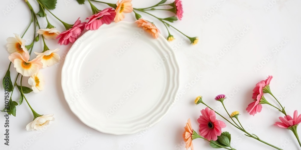 Beautifully styled white ceramic plate on a light background with fresh flowers, modern dinner plate, simple yet beautiful Beautifully styled white ceramic plate on a light background with fresh flowers, modern dinner plate, simple yet beautiful