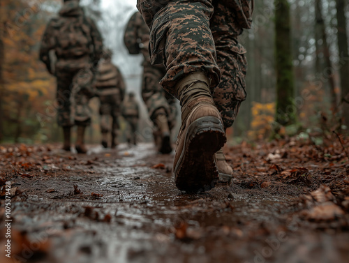 Soldaten auf einem herbstlichen Waldweg im Gleichschritt unterwegs