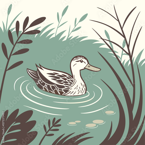 A charming illustration of a duck swimming peacefully in a pond, surrounded by lush greenery. Perfect for adding a touch of nature to your designs.