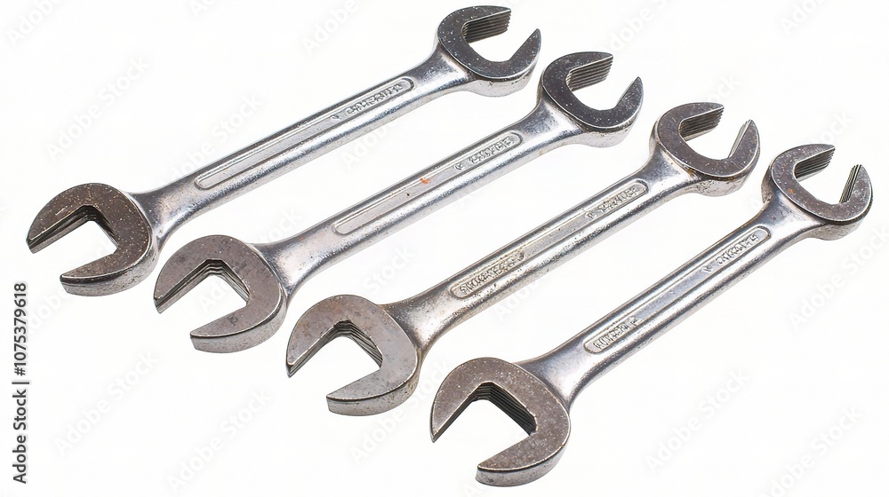 A Collection of Four Metal Spanners Isolated on a White Background, Perfect for Repair Work and Tool Illustrations in Industrial Settings A Collection of Four Metal Spanners Isolated on a White Background, Perfect for Repair Work and Tool Illustrations in Industrial Settings