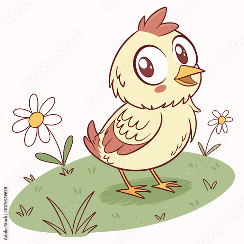 Adorable cartoon chick with big eyes and a happy smile, standing on green grass with daisies. Perfect for children's books, cards, and designs.