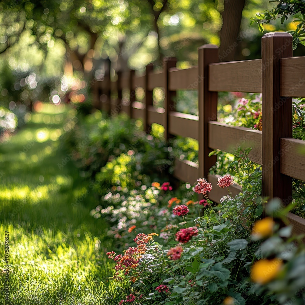 A serene garden scene with flowers next to a wooden fence in soft morning light. A serene garden scene with flowers next to a wooden fence in soft morning light.