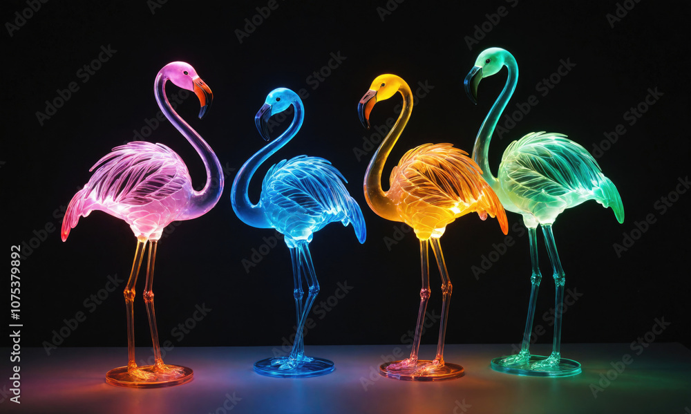 Obraz premium Four colorful flamingo statues light up a dark room