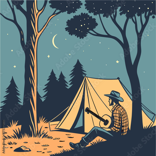 A retro-style illustration of a man sitting by a campfire with a guitar, enjoying the peace of nature under a starry night sky. This nostalgic scene is perfect for outdoor enthusiasts, music lovers.