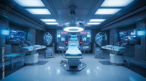A photo of an empty operating room with surgical light