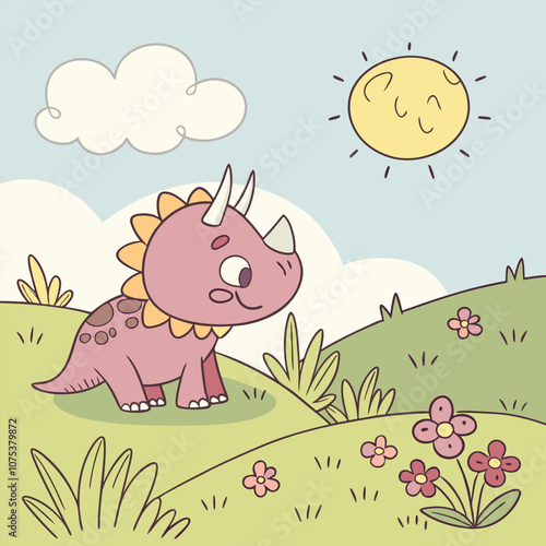 Adorable cartoon triceratops enjoying a sunny day in a grassy field with flowers. This cute illustration is perfect for kids' books, clothing designs, and more.