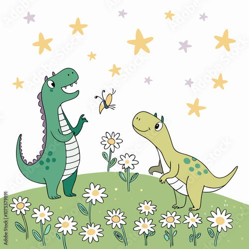 Two adorable dinosaurs, a green one and a yellow one, stand in a field of daisies and look up at the stars. This sweet and playful illustration is perfect for children's books, baby clothes.