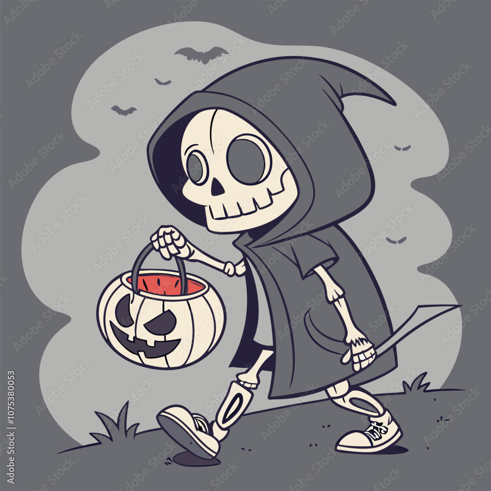 A spooky and fun illustration of a skeleton dressed as the grim reaper, trick-or-treating on Halloween night. A spooky and fun illustration of a skeleton dressed as the grim reaper, trick-or-treating on Halloween night.