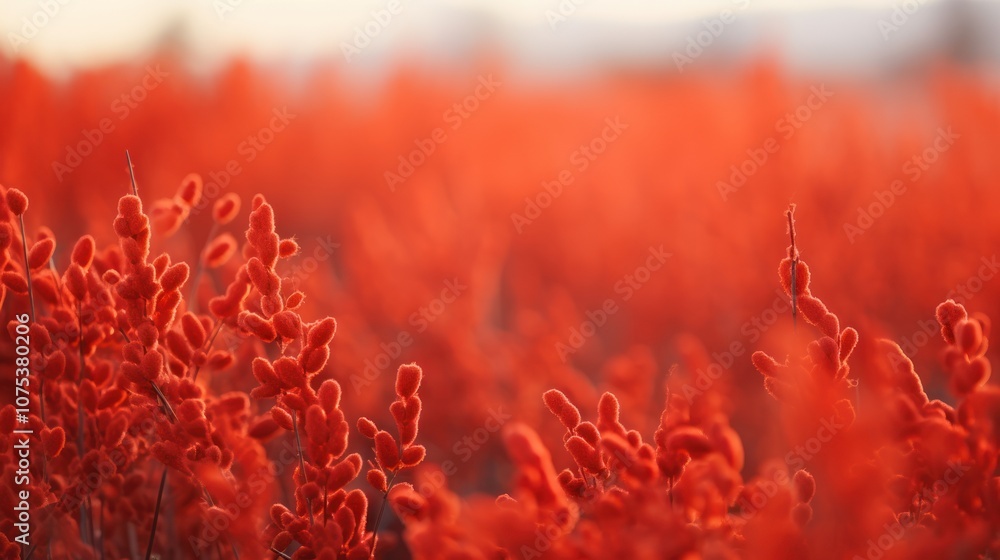 Vibrant Red Plants, Grass Field. Nature Background Texture Vibrant Red Plants, Grass Field. Nature Background Texture