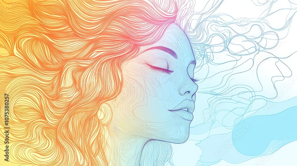 Line art illustration featuring a cold gradient drawing of a whimsical cartoon woman Line art illustration featuring a cold gradient drawing of a whimsical cartoon woman