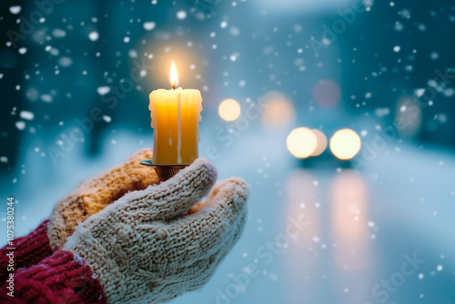 Hands in light knitted gloves holding Christmas candle in candlestick against snowy street background, calm scene