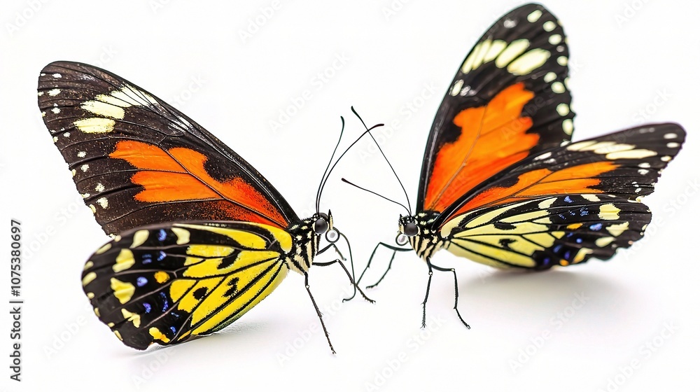 Fototapeta premium Two Beautiful Colorful Tropical Butterflies Displaying Their Remarkable Patterns and Vibrant Colors Against a Clean White Background