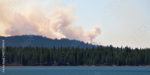 Dense forest fire smoke rises above the treetops near Skaha Lake in the Okanagan Valley of British Columbia, British Columbia, mountains, wilderness photo