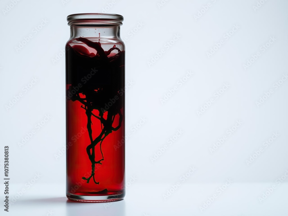 Mysterious, red glass vial filled with a dark, liquid-like substance that seems to shift and writhe like a living thing, enigmatic vessel, eerie container, supernatural liquid Mysterious, red glass vial filled with a dark, liquid-like substance that seems to shift and writhe like a living thing, enigmatic vessel, eerie container, supernatural liquid