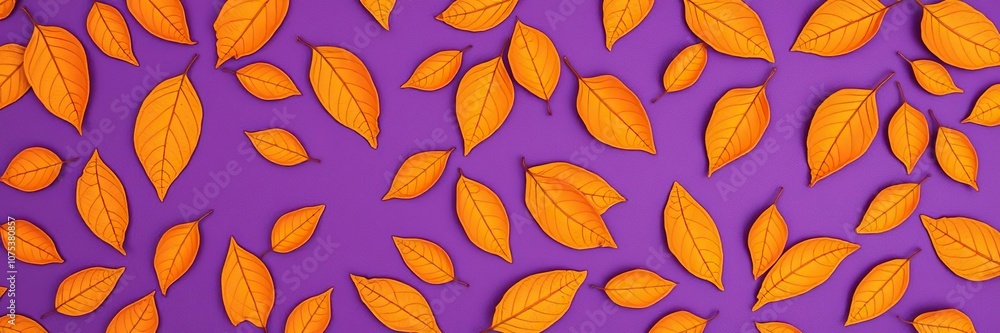 Obraz premium Pattern of dry orange metallic leaves on violet background, metallic accents, colorful fall