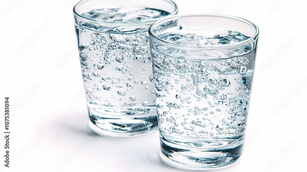 Two Clear Glasses of Fresh Water on a White Background, Highlighting the Bubbles and Clarity of the Liquid in a Bright and Appealing Composition Two Clear Glasses of Fresh Water on a White Background, Highlighting the Bubbles and Clarity of the Liquid in a Bright and Appealing Composition