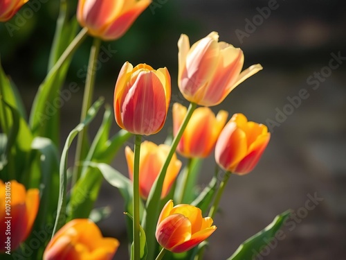 Tulip flowers swaying gently in the breeze, blooming flowers, outdoor scenes