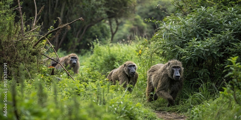 A group of creatures with tired eyes and weathered coats move cautiously through a dense thicket of overgrown vegetation, grey-brown fur, bushy undergrowth A group of creatures with tired eyes and weathered coats move cautiously through a dense thicket of overgrown vegetation, grey-brown fur, bushy undergrowth