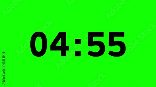 Countdown Five minutes or 5-minute animation, timer icon, count the number, counts digits, modern countdown time, Green screen background