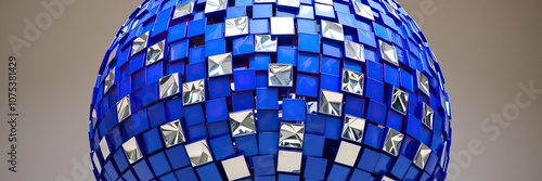 Blue spherical sculpture with mosaic of silver squares, artistic decoration, mosaic square, silver accents photo