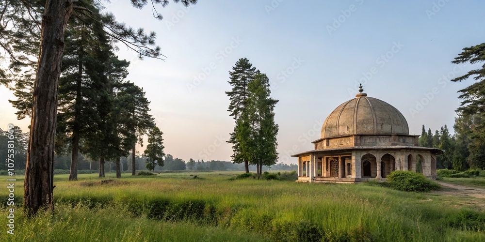 Obraz premium Domed structure amidst a stunning natural setting with an abundance of grass and trees, scenic views, panoramic vistas, blue sky above, natural wonders