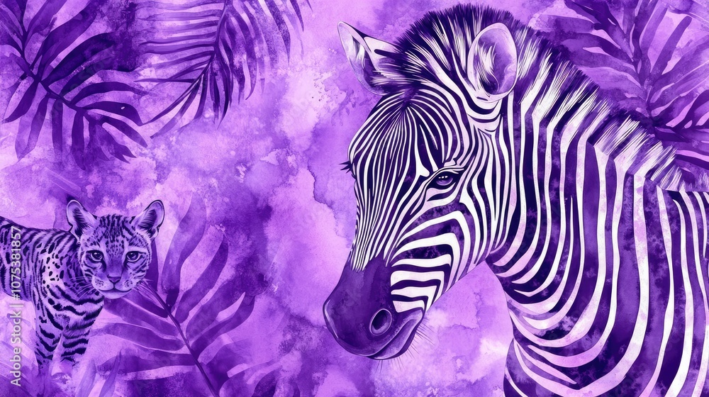 Artistic line drawing of bleached zebra stripes and jungle cat patterns Featuring a violet watercolor zebra design Includes tie dye and purple safari animal motifs Artistic line drawing of bleached zebra stripes and jungle cat patterns Featuring a violet watercolor zebra design Includes tie dye and purple safari animal motifs