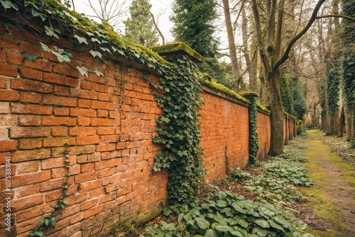 old rustic orange brick wall with ivy and moss, abandoned, nature, landscape, earthy photo