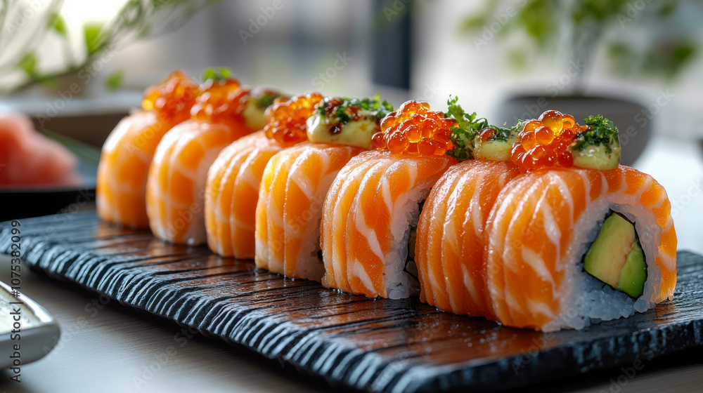 Fresh salmon sushi rolls topped with fish roe and avocado on wooden tray Fresh salmon sushi rolls topped with fish roe and avocado on wooden tray